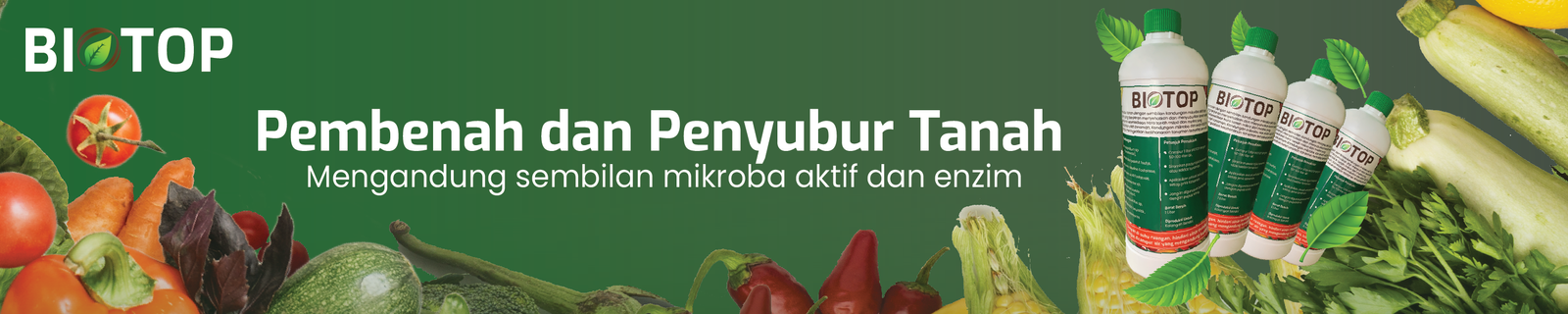 Produk pertanian BIOTOP yang ramah lingkungan. Diformulasikan dengan mikroorganisme bermanfaat untuk menyuburkan tanah dan tanaman.