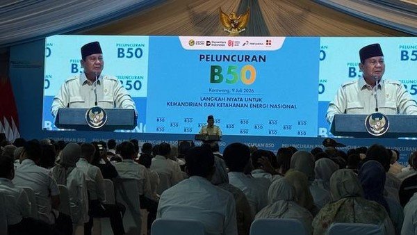Indonesia Negara Pertama di Dunia yang Terapkan Biodiesel B50 Presiden RI Prabowo Subianto saat meluncurkan BBM baru B50 di Rest Area KM 57 Cikampek, Jawa Barat, Kamis (9/7/2026).